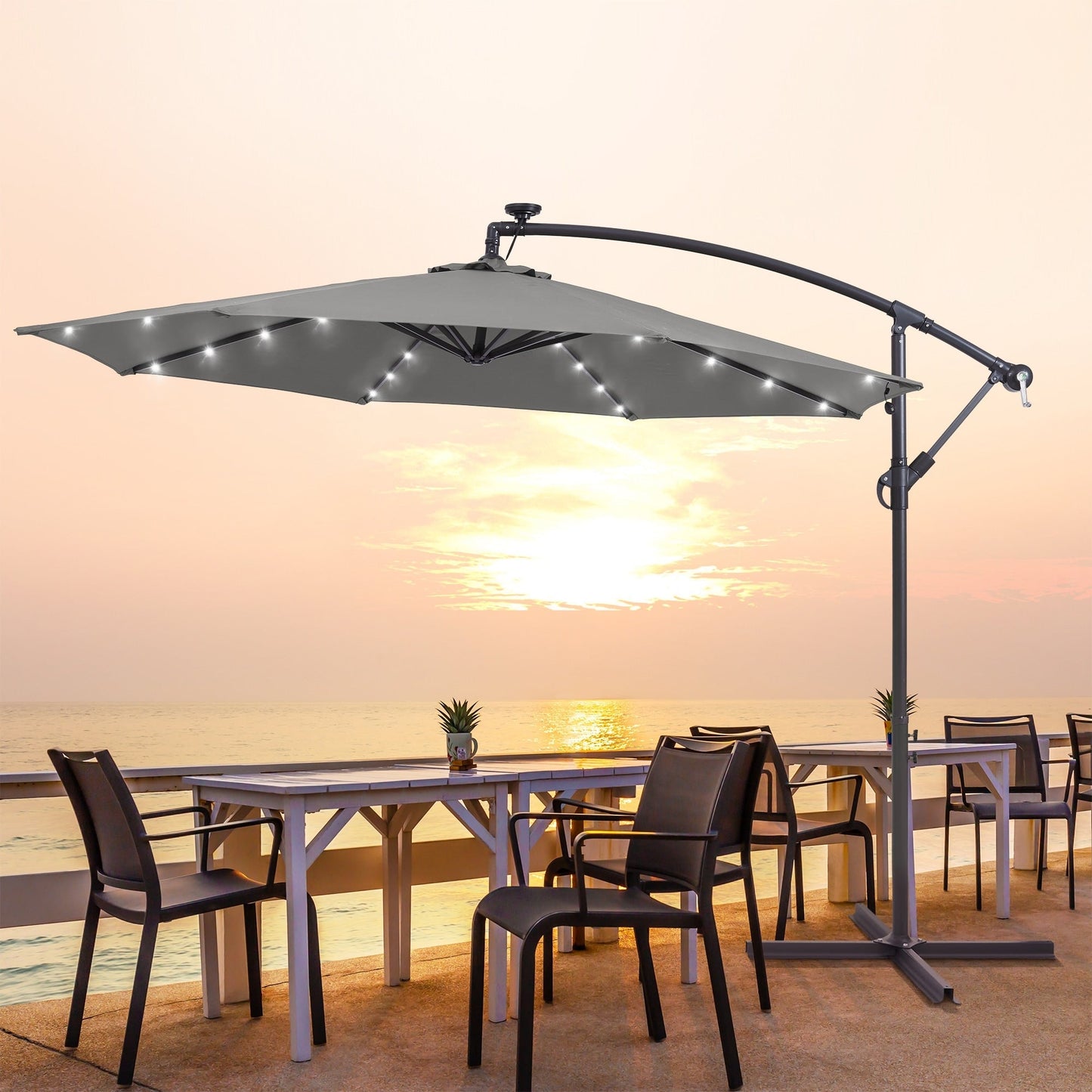 Parasol déporté de terrasse LIVOOSUN de 3 m avec éclairage LED et base en croix