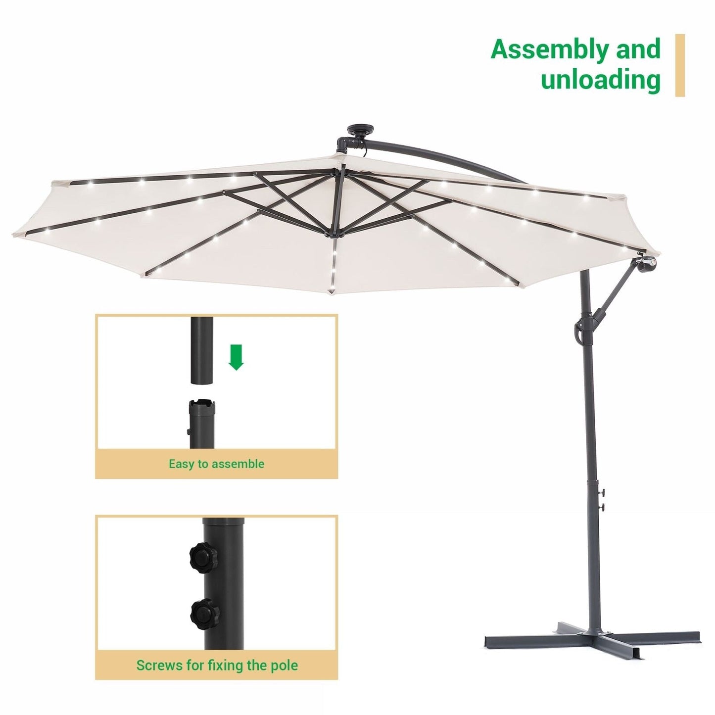 Parasol déporté de terrasse LIVOOSUN de 3 m avec éclairage LED et base en croix