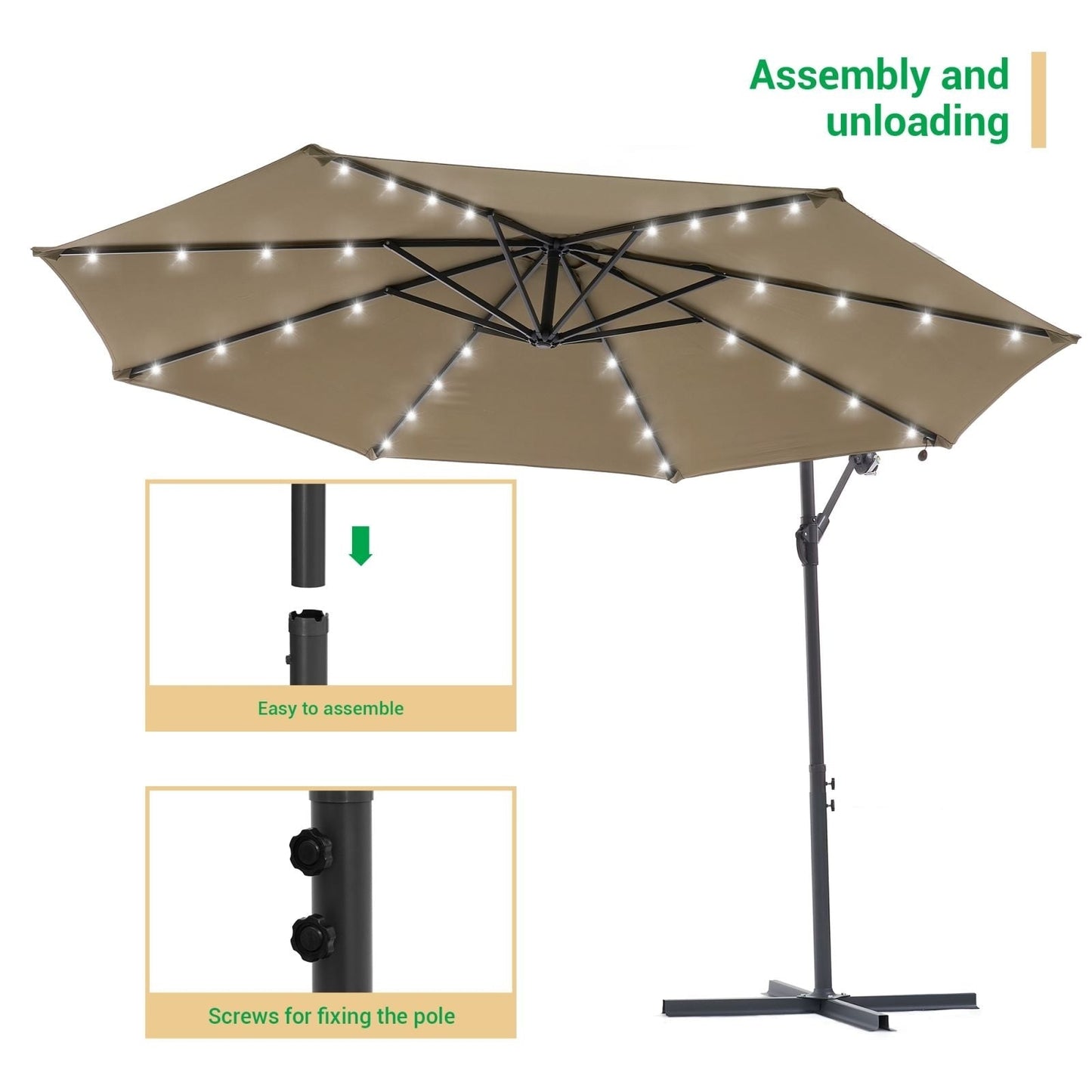 Parasol déporté de terrasse LIVOOSUN de 3 m avec éclairage LED et base en croix