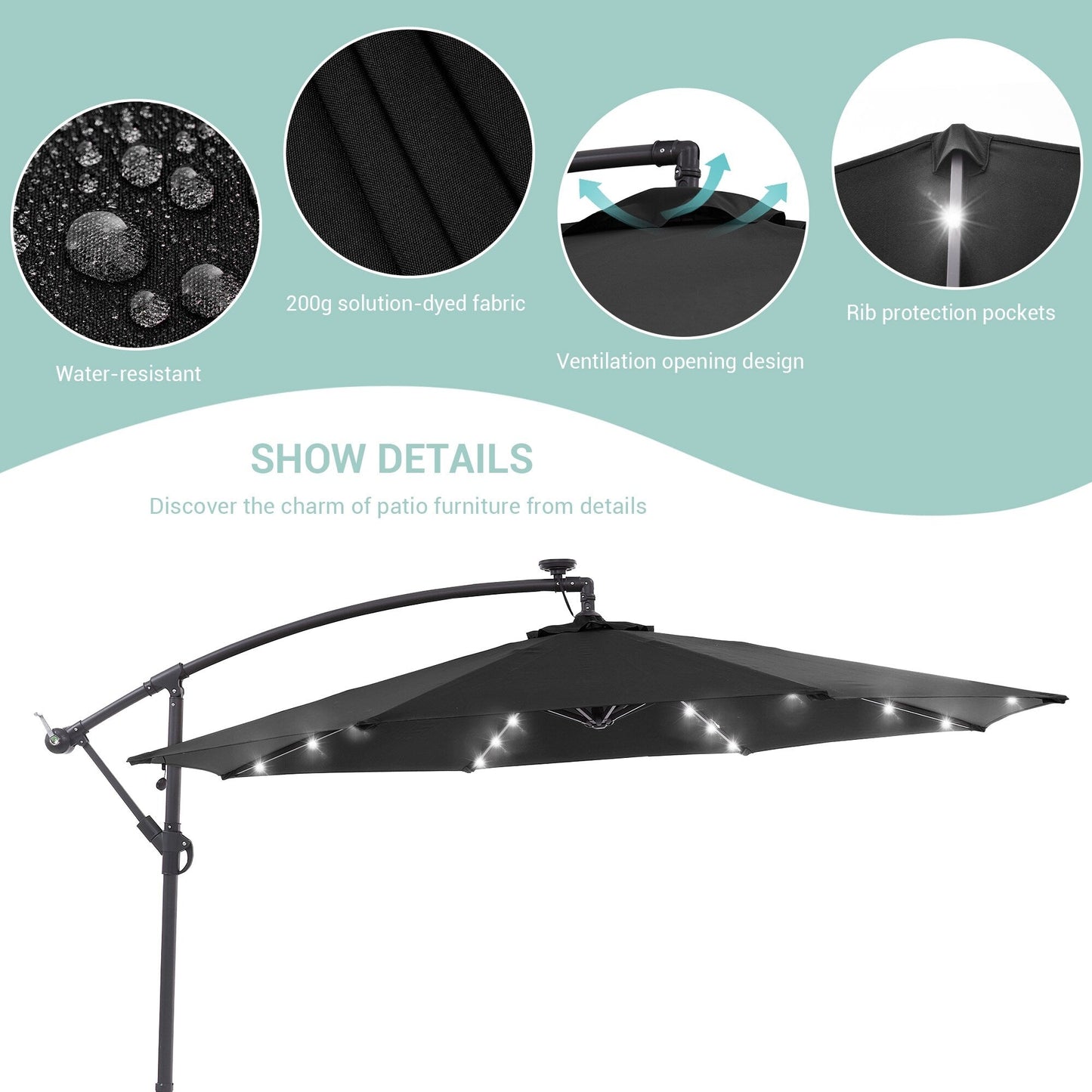 Parasol déporté de terrasse LIVOOSUN de 3 m avec éclairage LED et base en croix