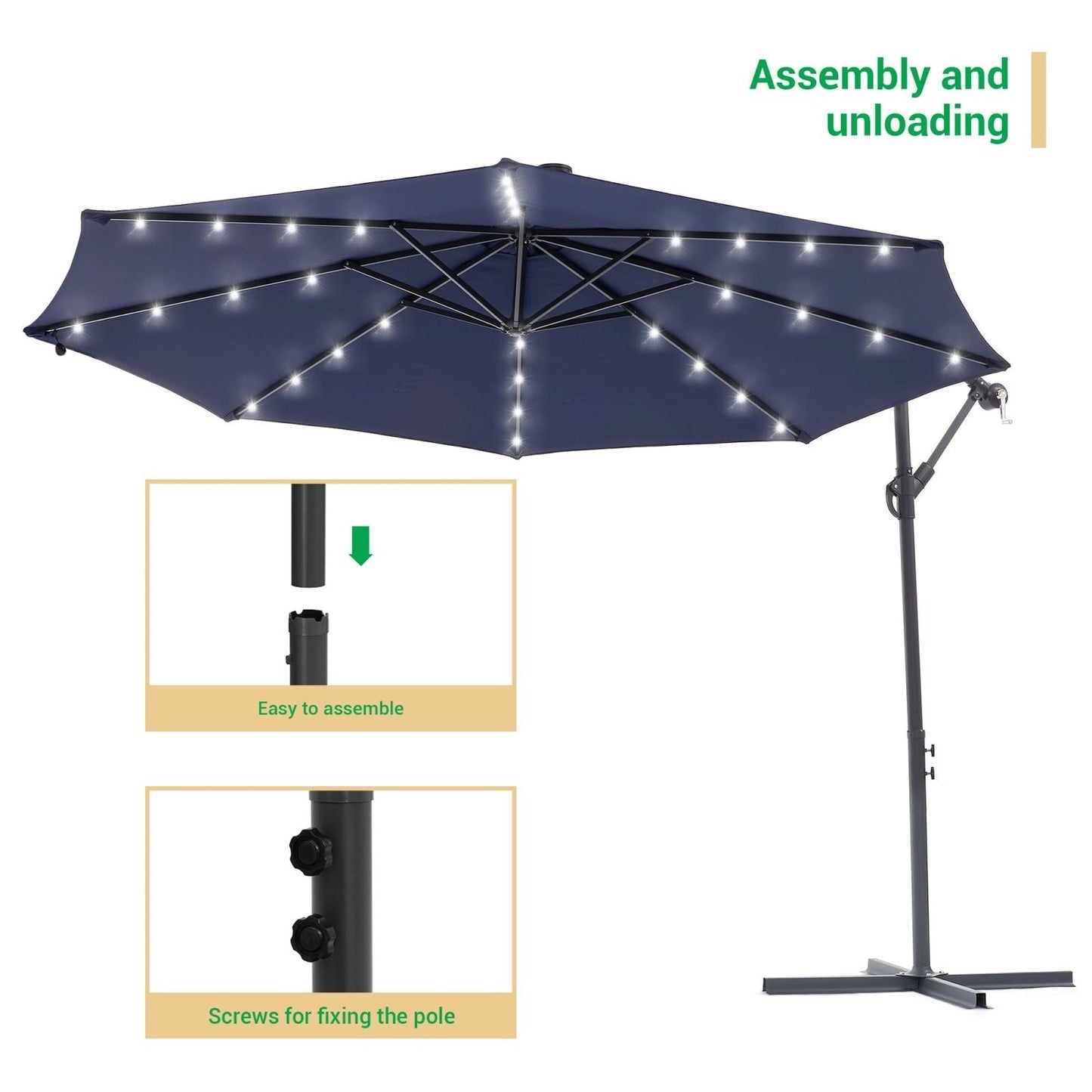 Parasol déporté de terrasse LIVOOSUN de 3 m avec éclairage LED et base en croix
