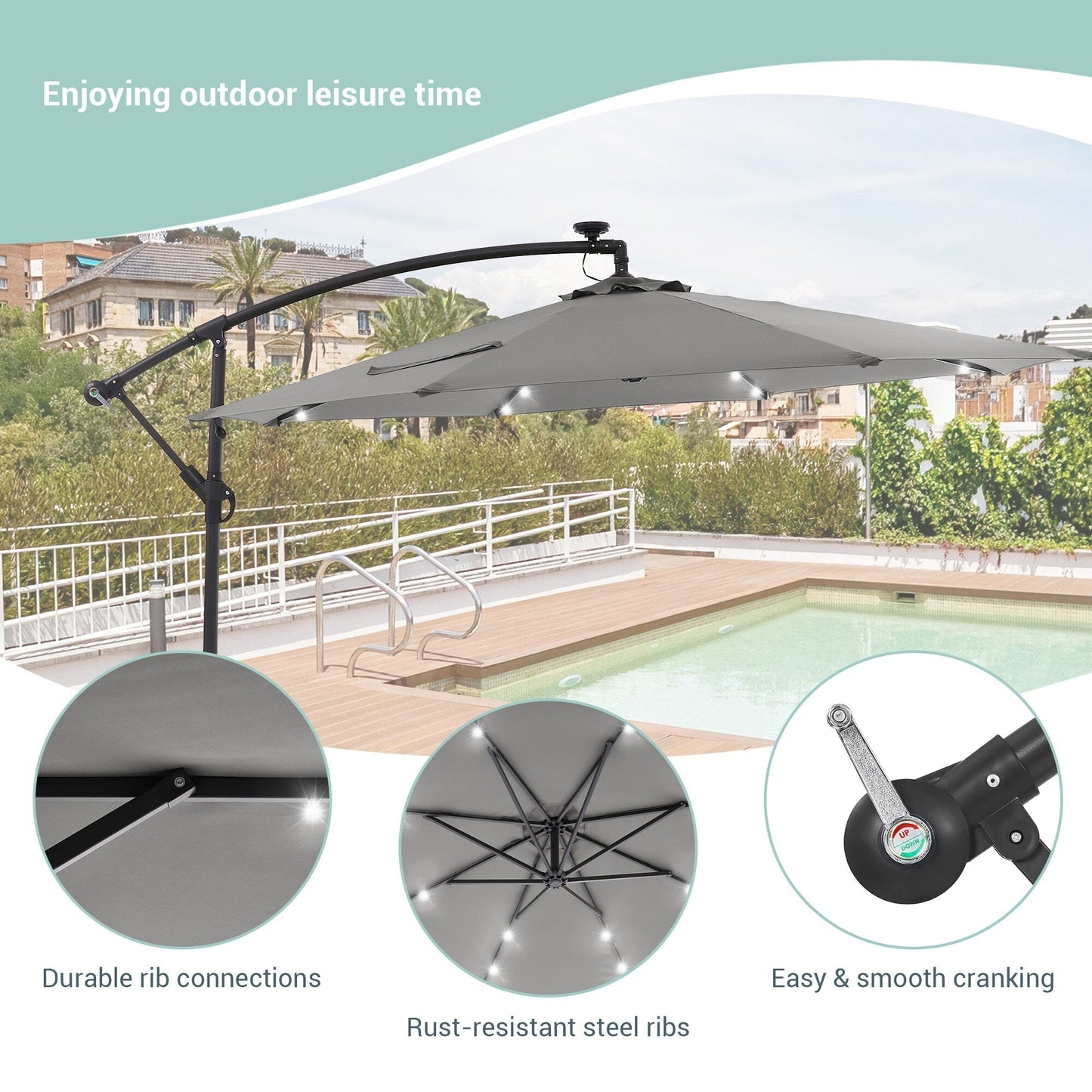 Parasol déporté de terrasse LIVOOSUN de 3 m avec éclairage LED et base en croix
