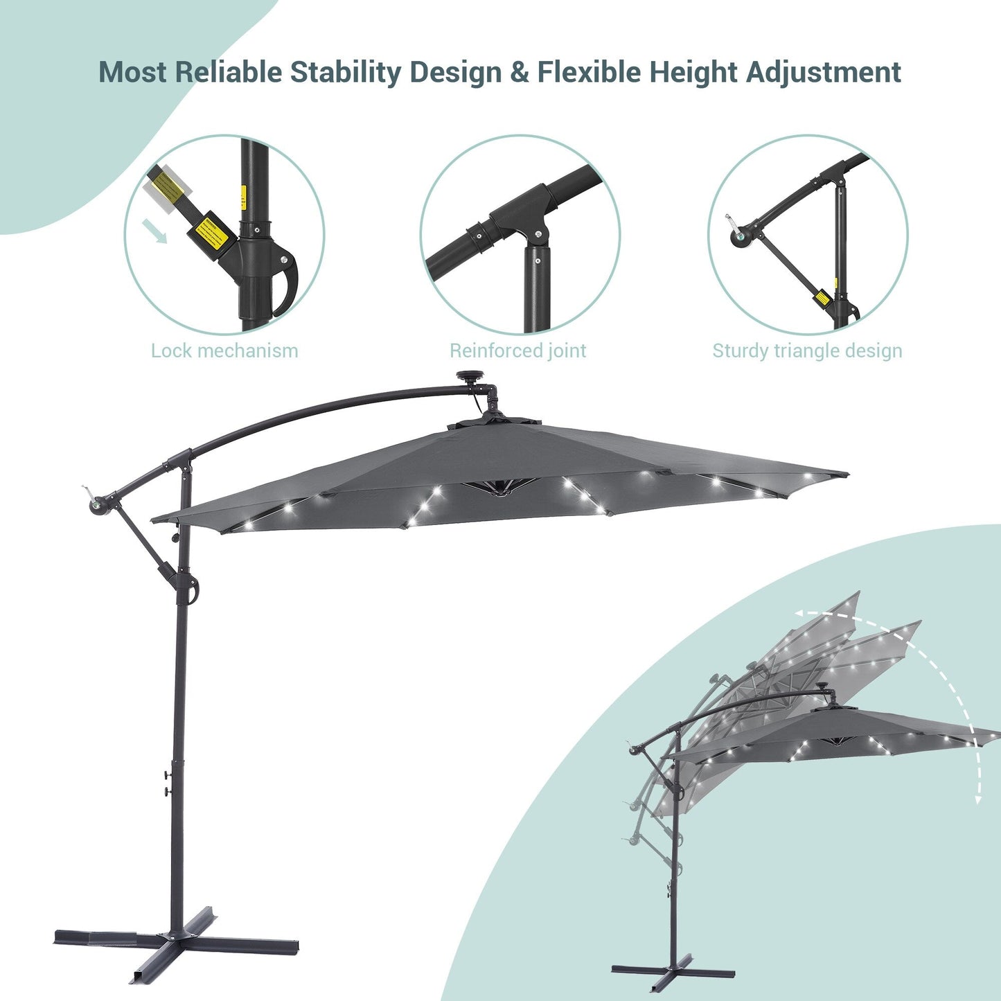 Parasol déporté de terrasse LIVOOSUN de 3 m avec éclairage LED et base en croix