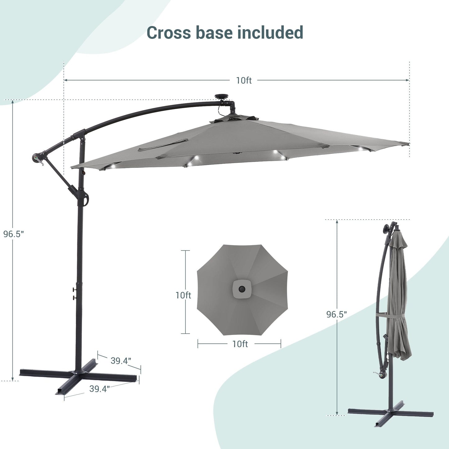 Parasol déporté de terrasse LIVOOSUN de 3 m avec éclairage LED et base en croix