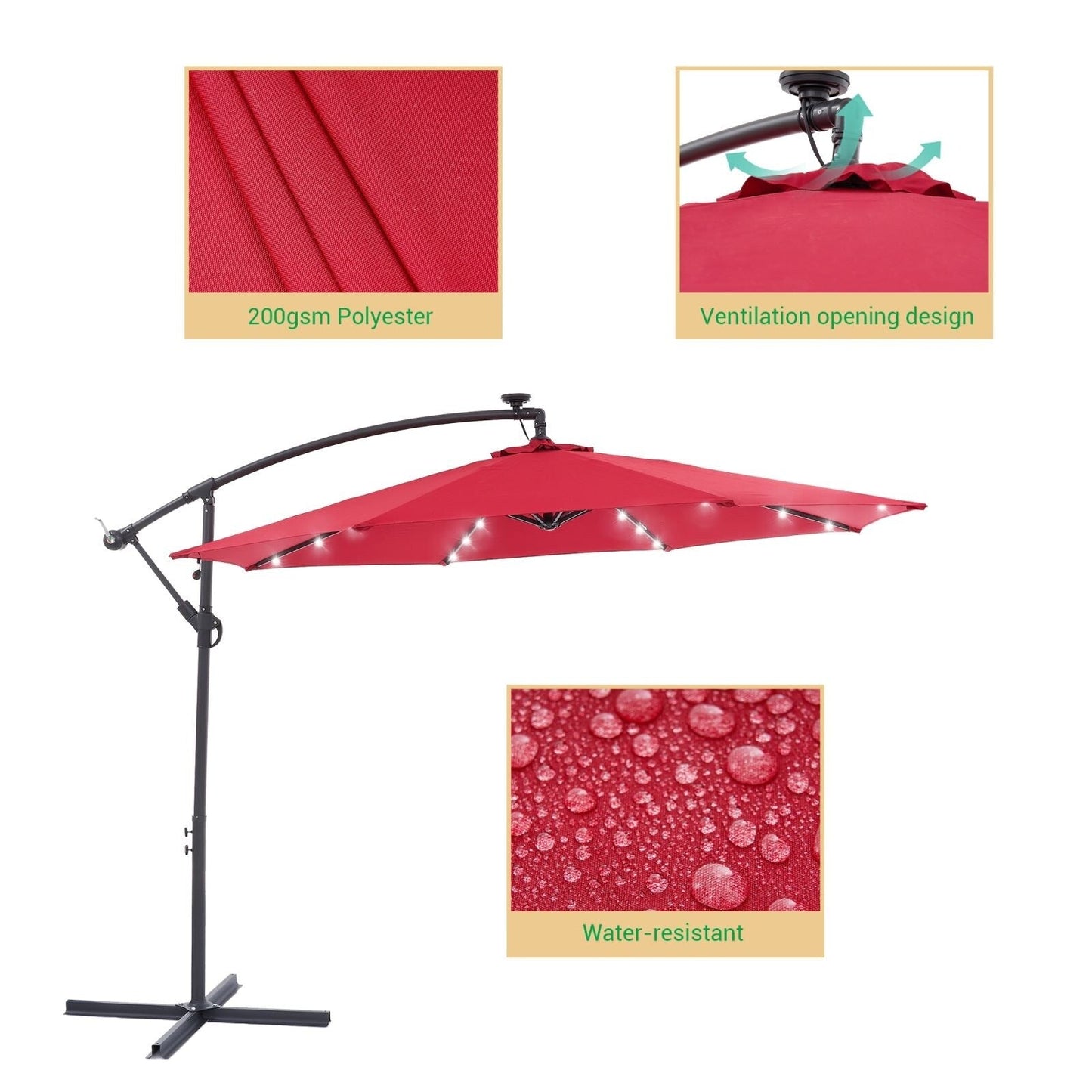 Parasol déporté de terrasse LIVOOSUN de 3 m avec éclairage LED et base en croix