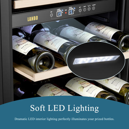 Cave à vin Lanbo 20 pouces, 64 bouteilles, double zone, pose libre, porte vitrée avec garniture en acier inoxydable et deux verrous de sécurité