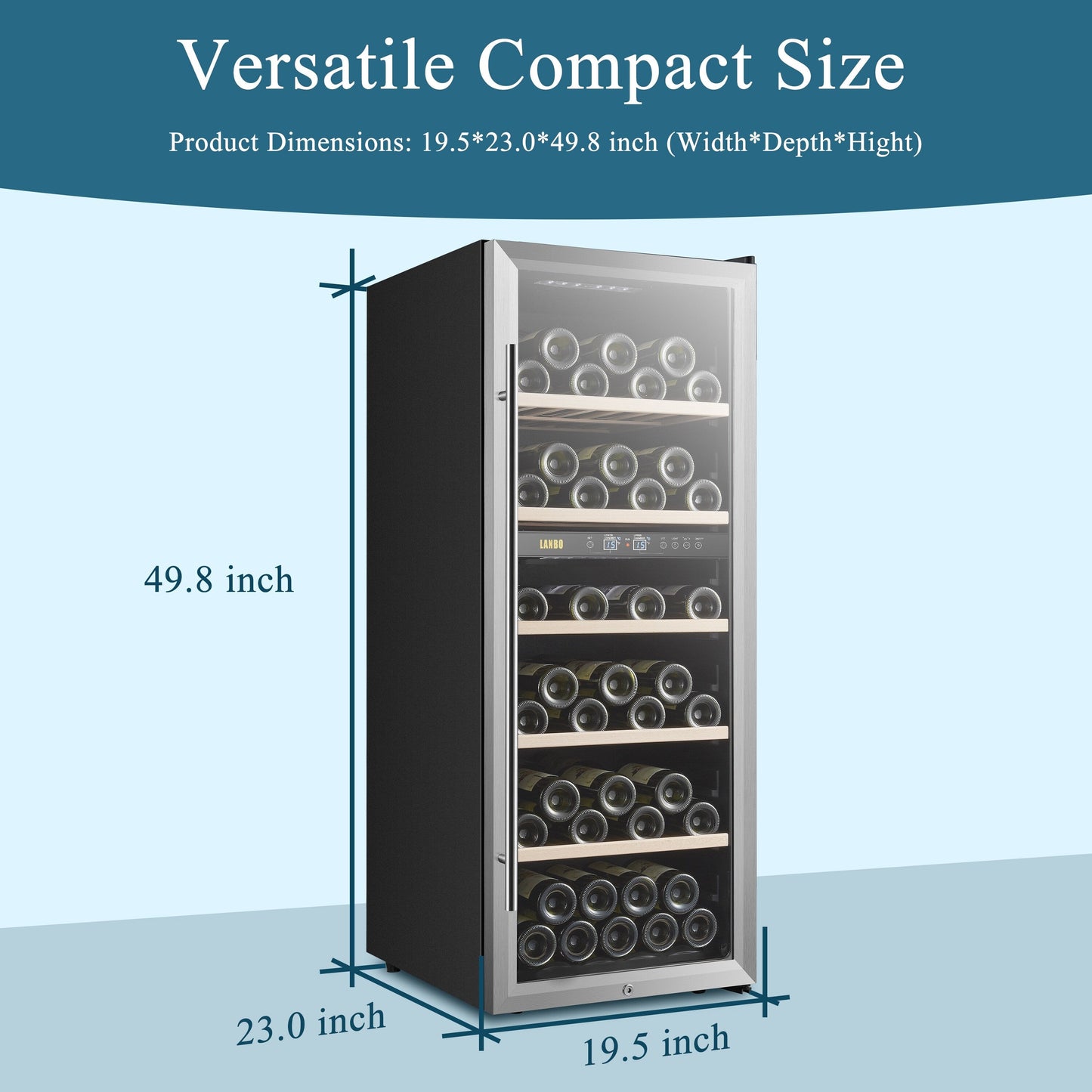 Cave à vin Lanbo 20 pouces, 64 bouteilles, double zone, pose libre, porte vitrée avec garniture en acier inoxydable et deux verrous de sécurité