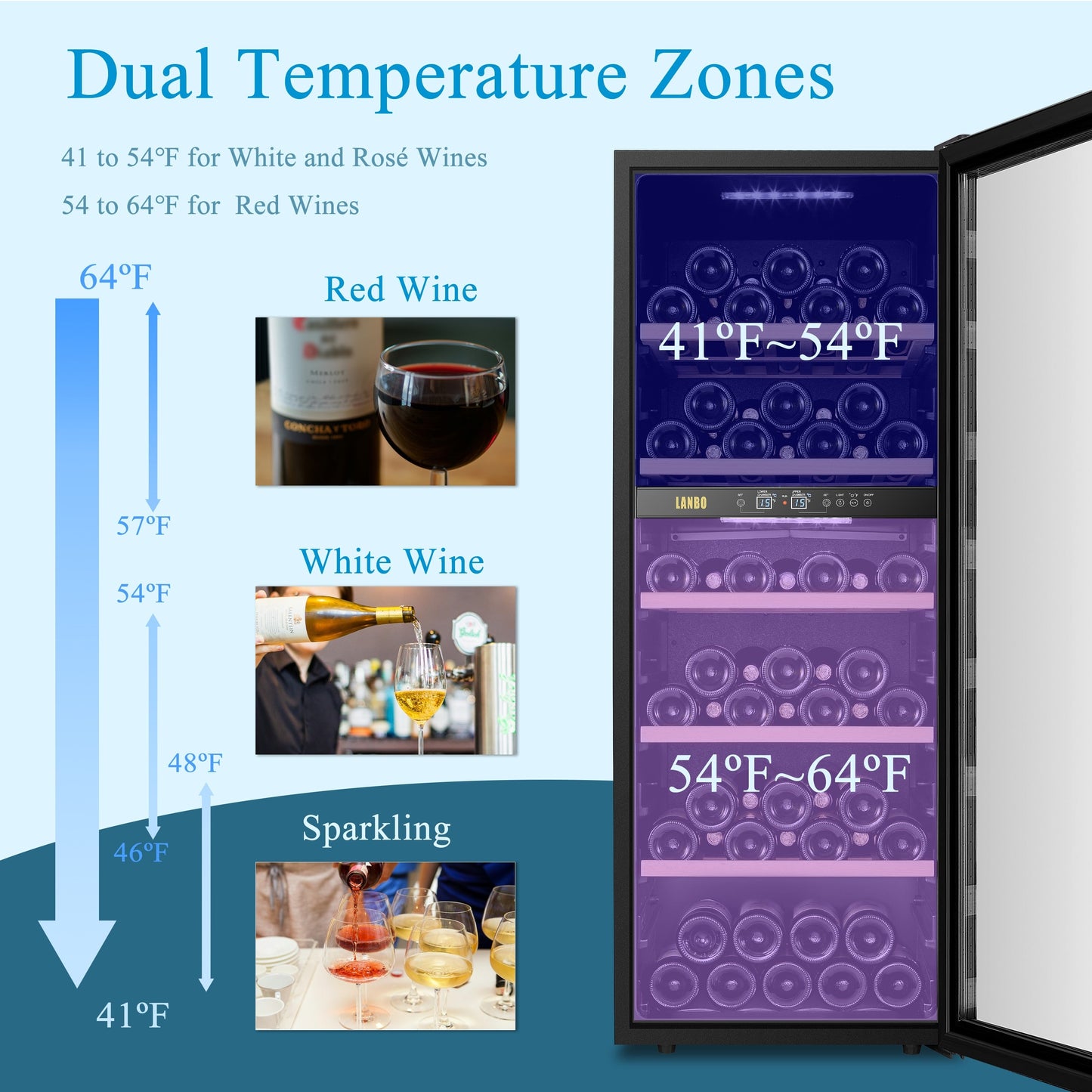 Cave à vin Lanbo 20 pouces, 64 bouteilles, double zone, pose libre, porte vitrée avec garniture en acier inoxydable et deux verrous de sécurité