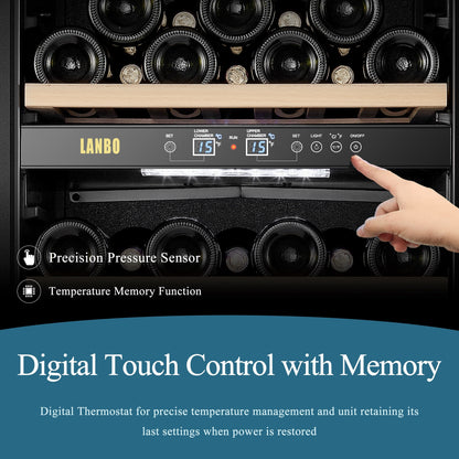 Cave à vin Lanbo 20 pouces, 64 bouteilles, double zone, pose libre, porte vitrée avec garniture en acier inoxydable et deux verrous de sécurité