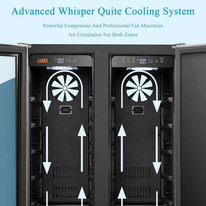 Cave à vin Lanbo 24 pouces à double zone, 18 bouteilles de vin et 55 canettes, acier inoxydable et verre, avec porte française