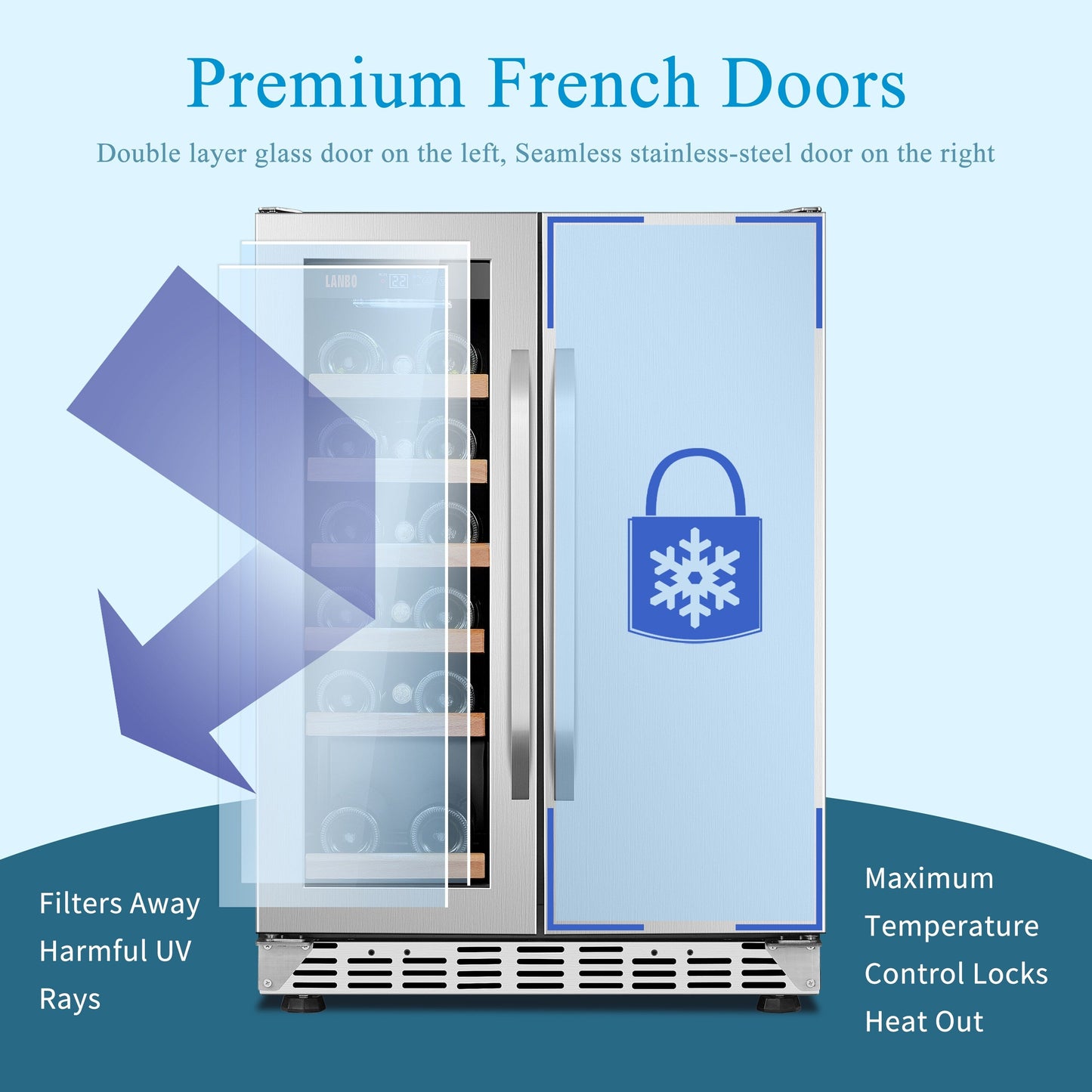 Cave à vin Lanbo 24 pouces à double zone, 18 bouteilles de vin et 55 canettes, acier inoxydable et verre, avec porte française