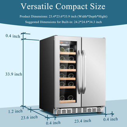 Cave à vin Lanbo 24 pouces à double zone, 18 bouteilles de vin et 55 canettes, acier inoxydable et verre, avec porte française
