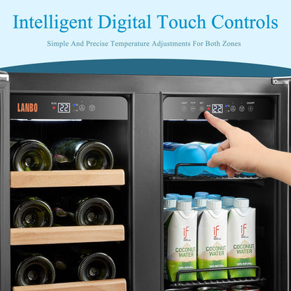 Cave à vin Lanbo 24 pouces à double zone, 18 bouteilles de vin et 55 canettes, acier inoxydable et verre, avec porte française