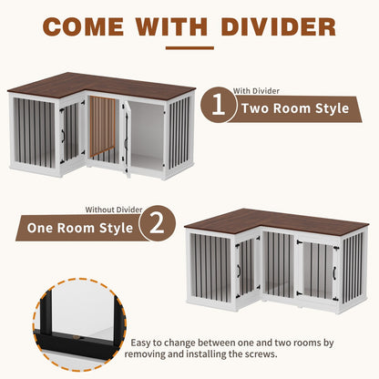 Grand meuble d'angle pour 2 chiens, cage en forme de L - 58,7 x 41,1 pouces