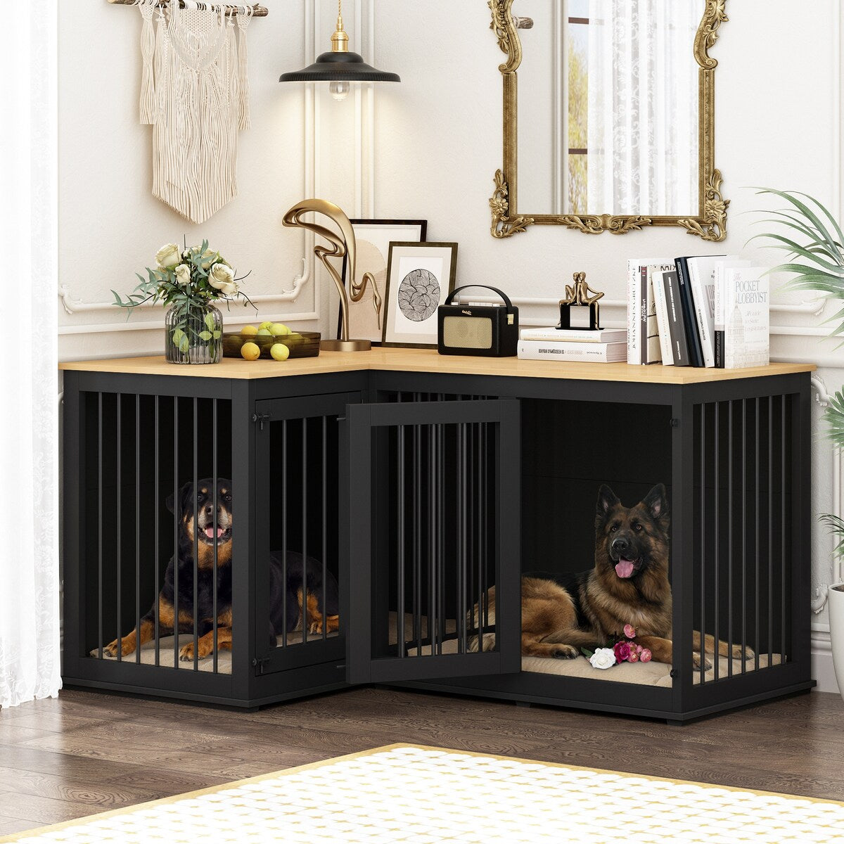 Grand meuble d'angle pour 2 chiens, cage en forme de L - 58,7 x 41,1 pouces