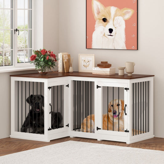 Grand meuble d'angle pour 2 chiens, cage en forme de L - 58,7 x 41,1 pouces