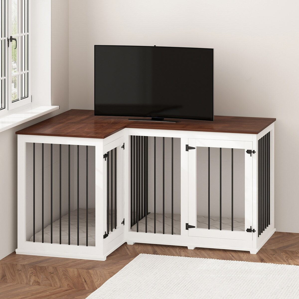 Grand meuble d'angle pour 2 chiens, cage en forme de L - 58,7 x 41,1 pouces