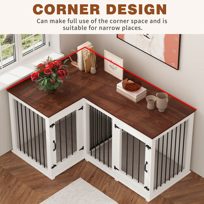 Grand meuble d'angle pour 2 chiens, cage en forme de L - 58,7 x 41,1 pouces