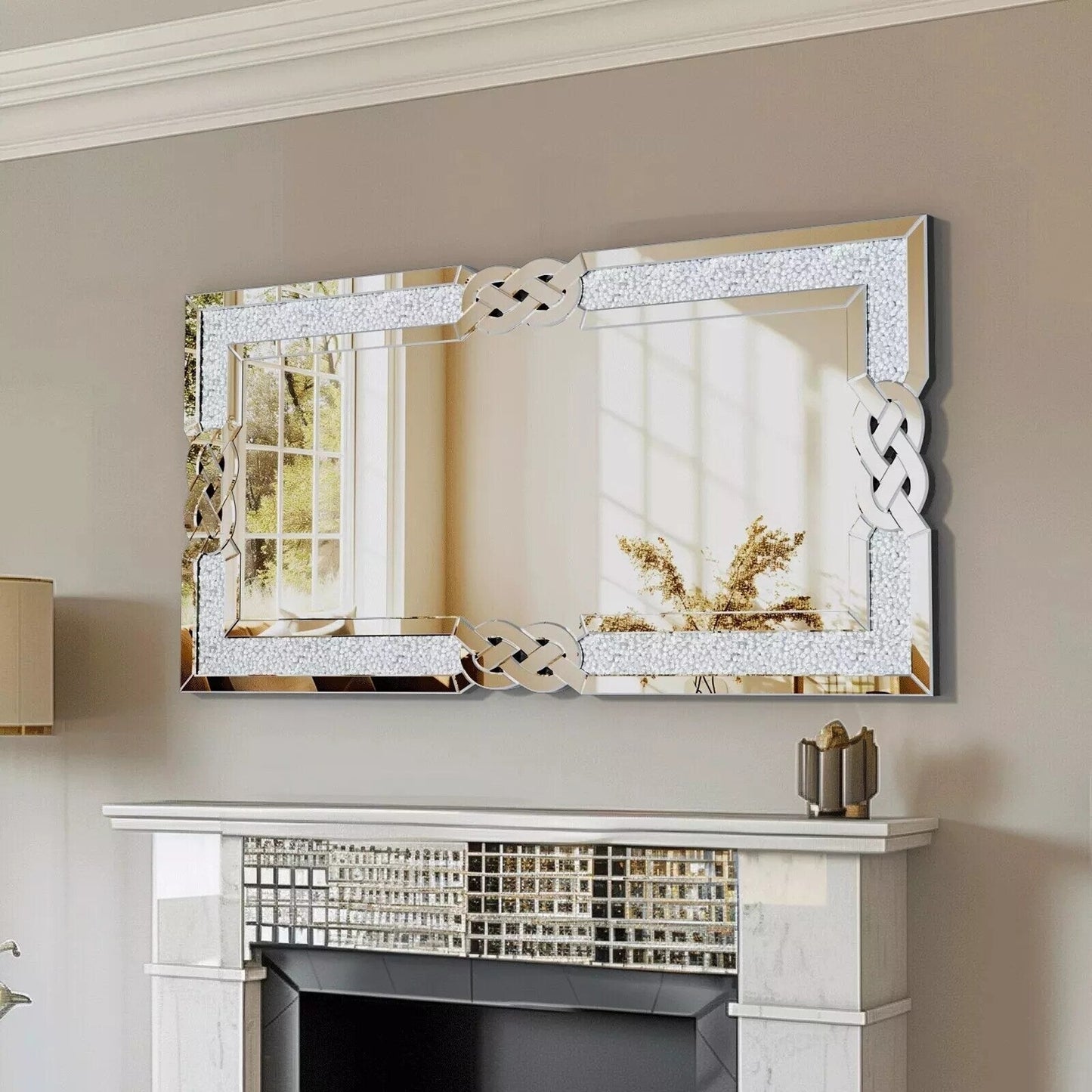 Grand miroir mural rectangulaire à miroirs emboîtables et perles de cristal