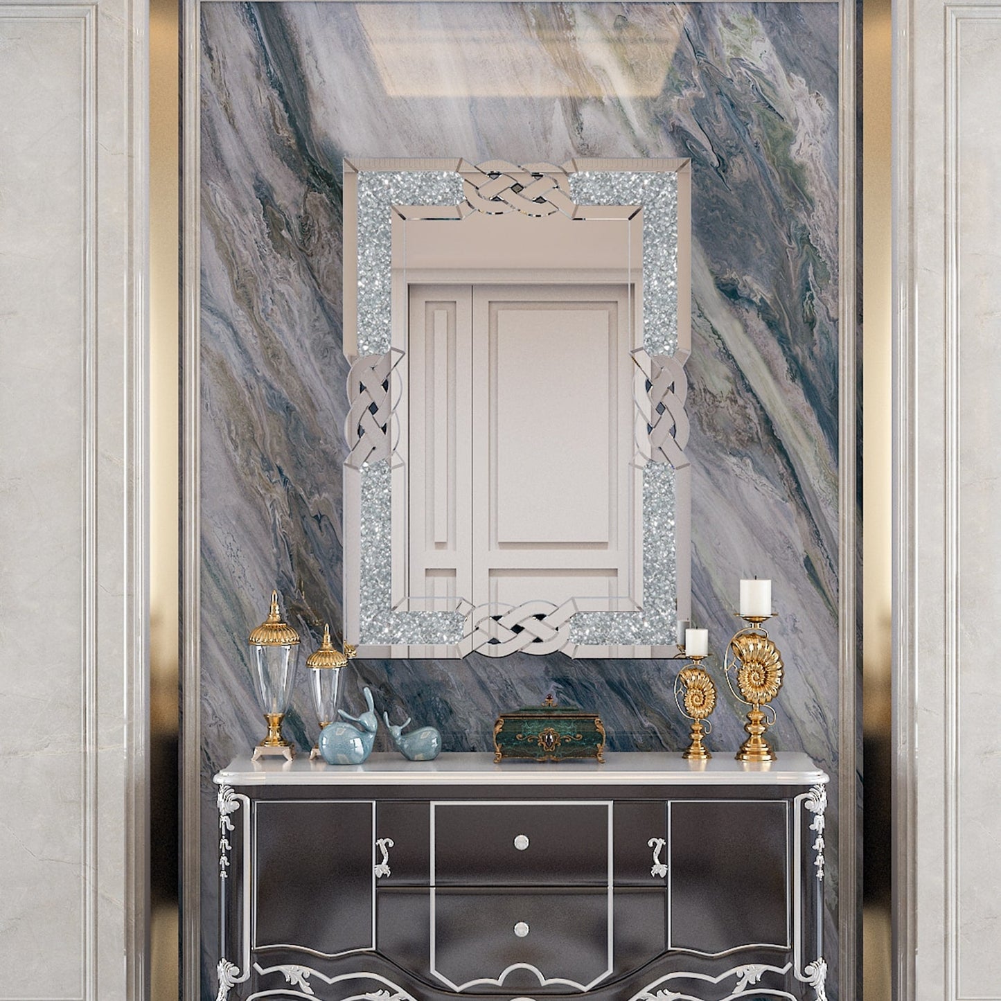 Grand miroir mural rectangulaire à miroirs emboîtables et perles de cristal