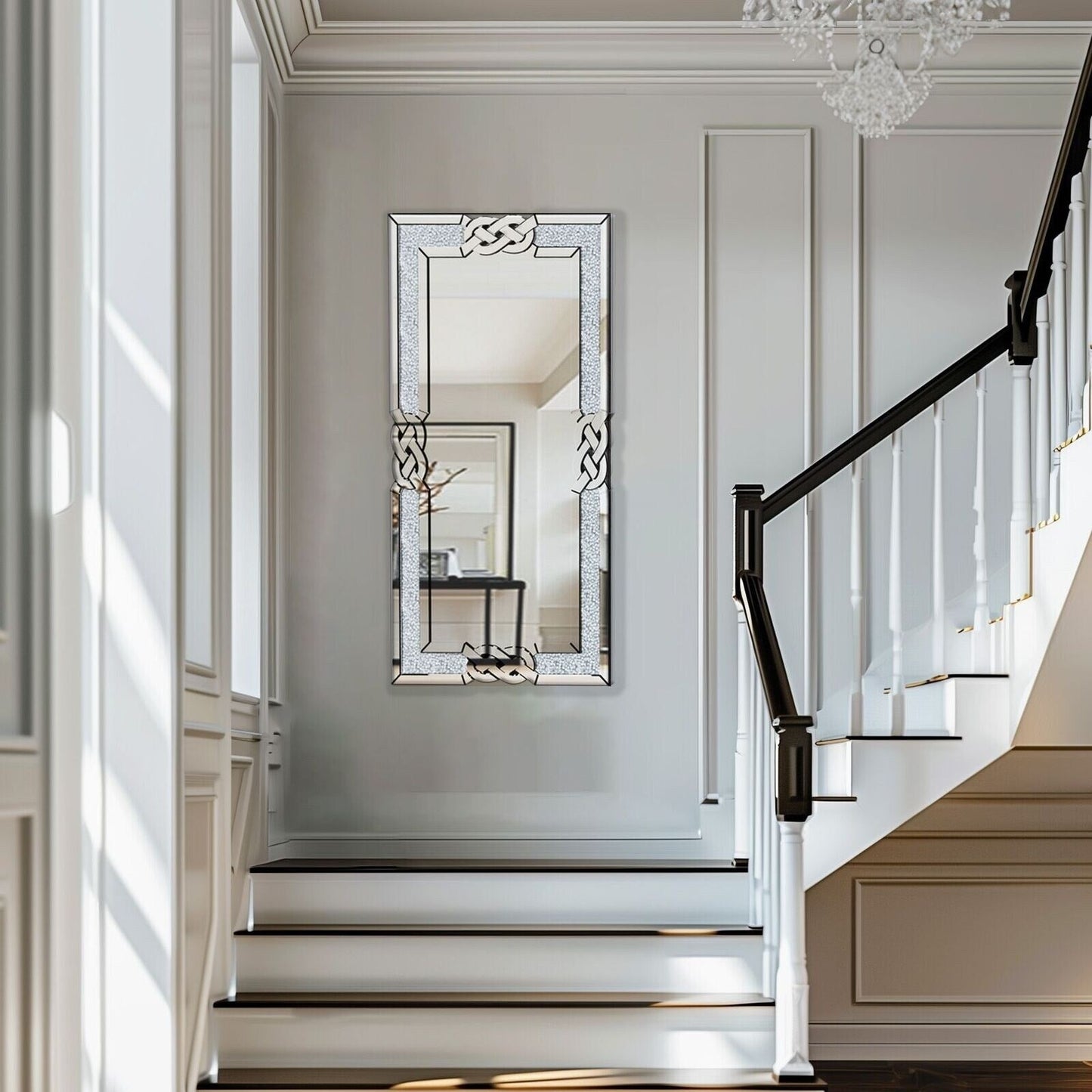 Grand miroir mural rectangulaire à miroirs emboîtables et perles de cristal