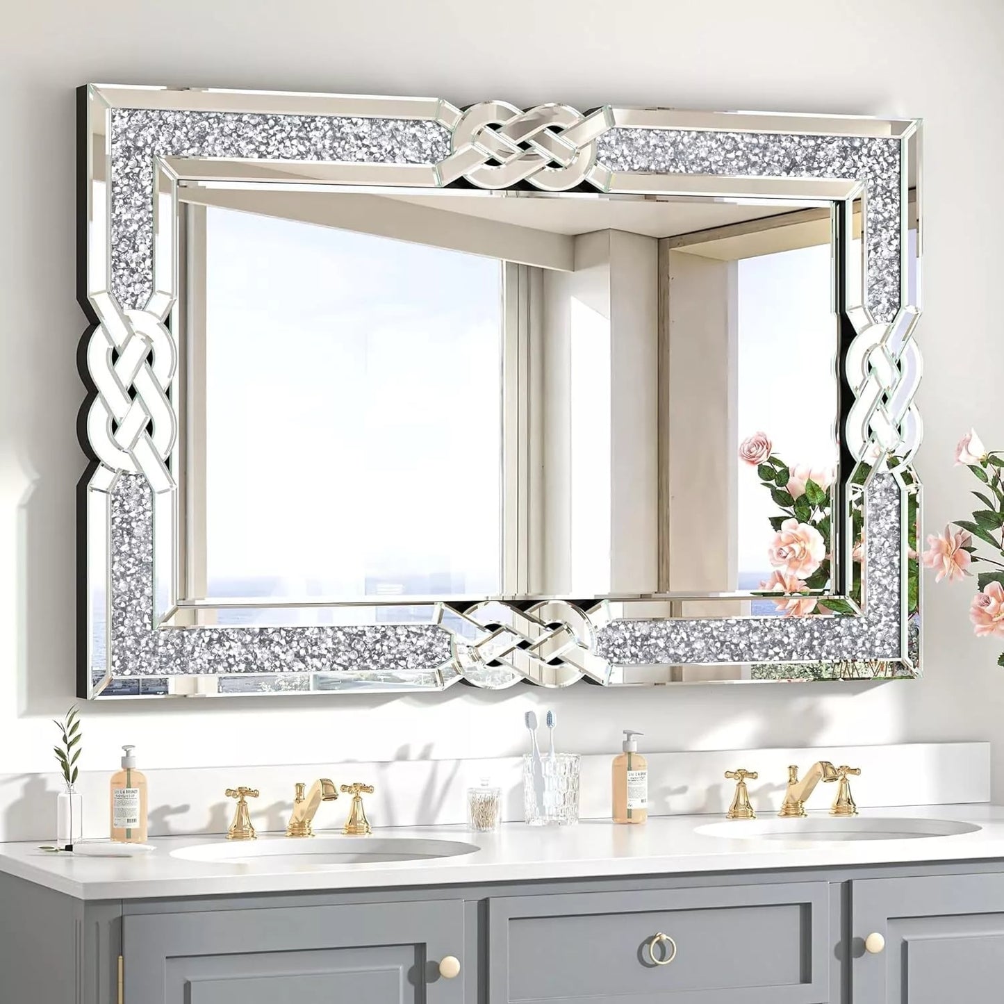 Grand miroir mural rectangulaire à miroirs emboîtables et perles de cristal