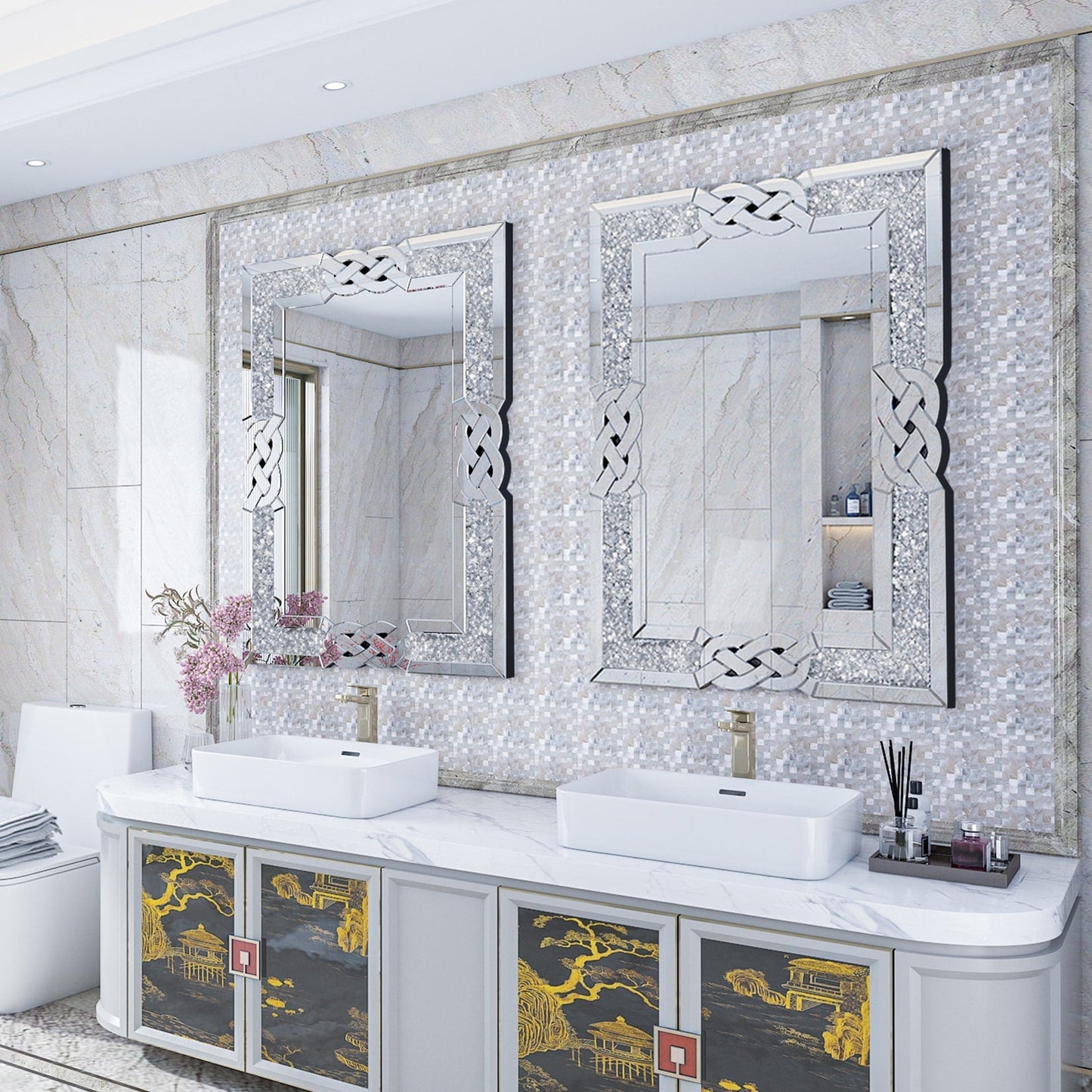 Grand miroir mural rectangulaire à miroirs emboîtables et perles de cristal