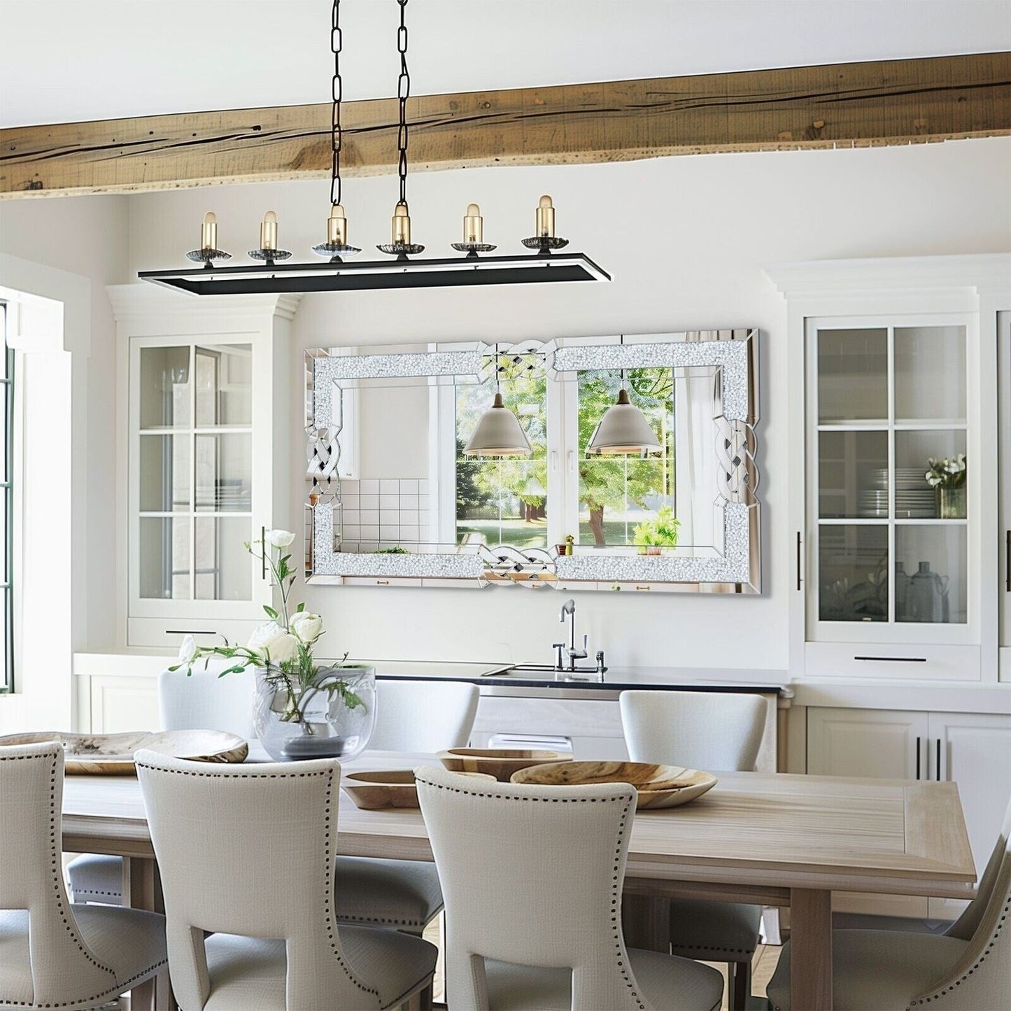 Grand miroir mural rectangulaire à miroirs emboîtables et perles de cristal