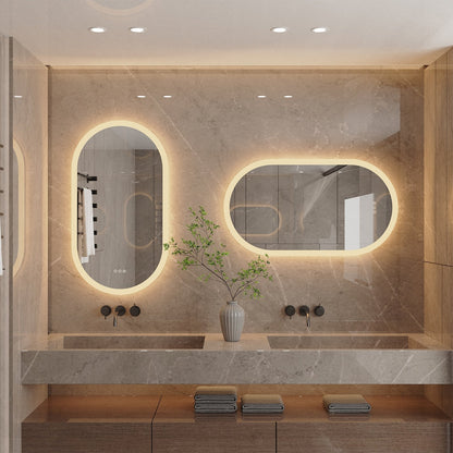 Grand miroir de salle de bain ovale sans cadre avec éclairage LED, 3 niveaux de luminosité et traitement antibuée