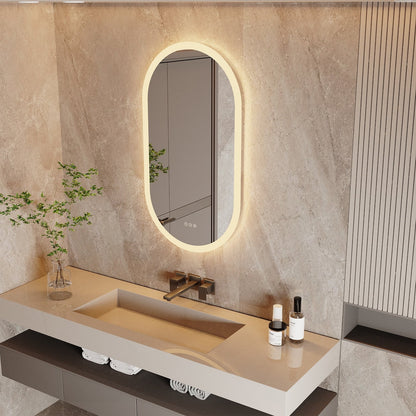 Grand miroir de salle de bain ovale sans cadre avec éclairage LED, 3 niveaux de luminosité et traitement antibuée