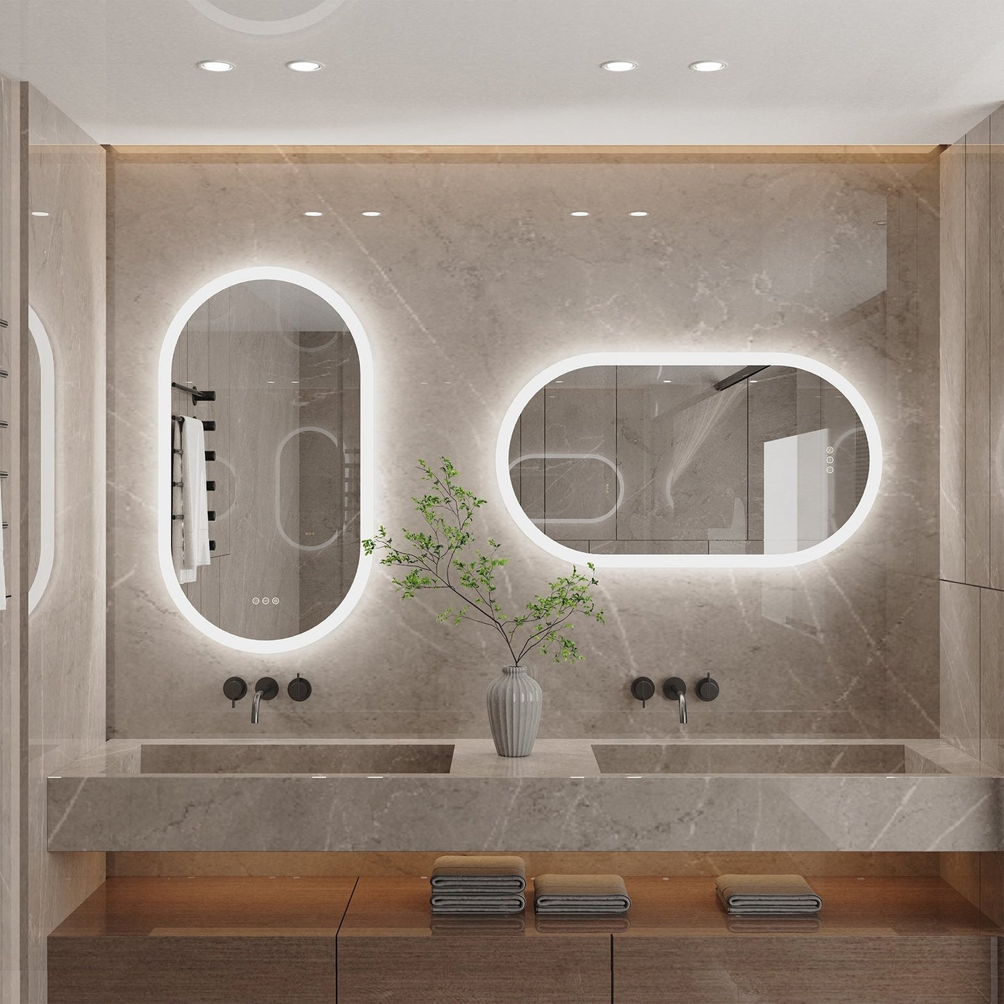 Grand miroir de salle de bain ovale sans cadre avec éclairage LED, 3 niveaux de luminosité et traitement antibuée