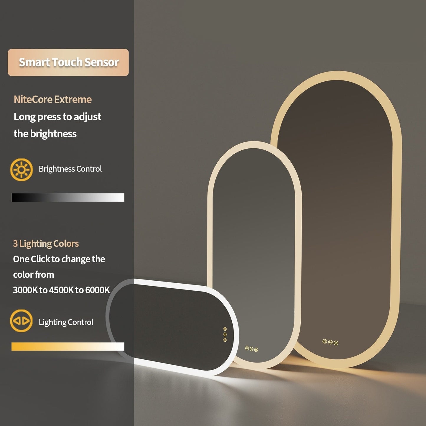 Grand miroir de salle de bain ovale sans cadre avec éclairage LED, 3 niveaux de luminosité et traitement antibuée