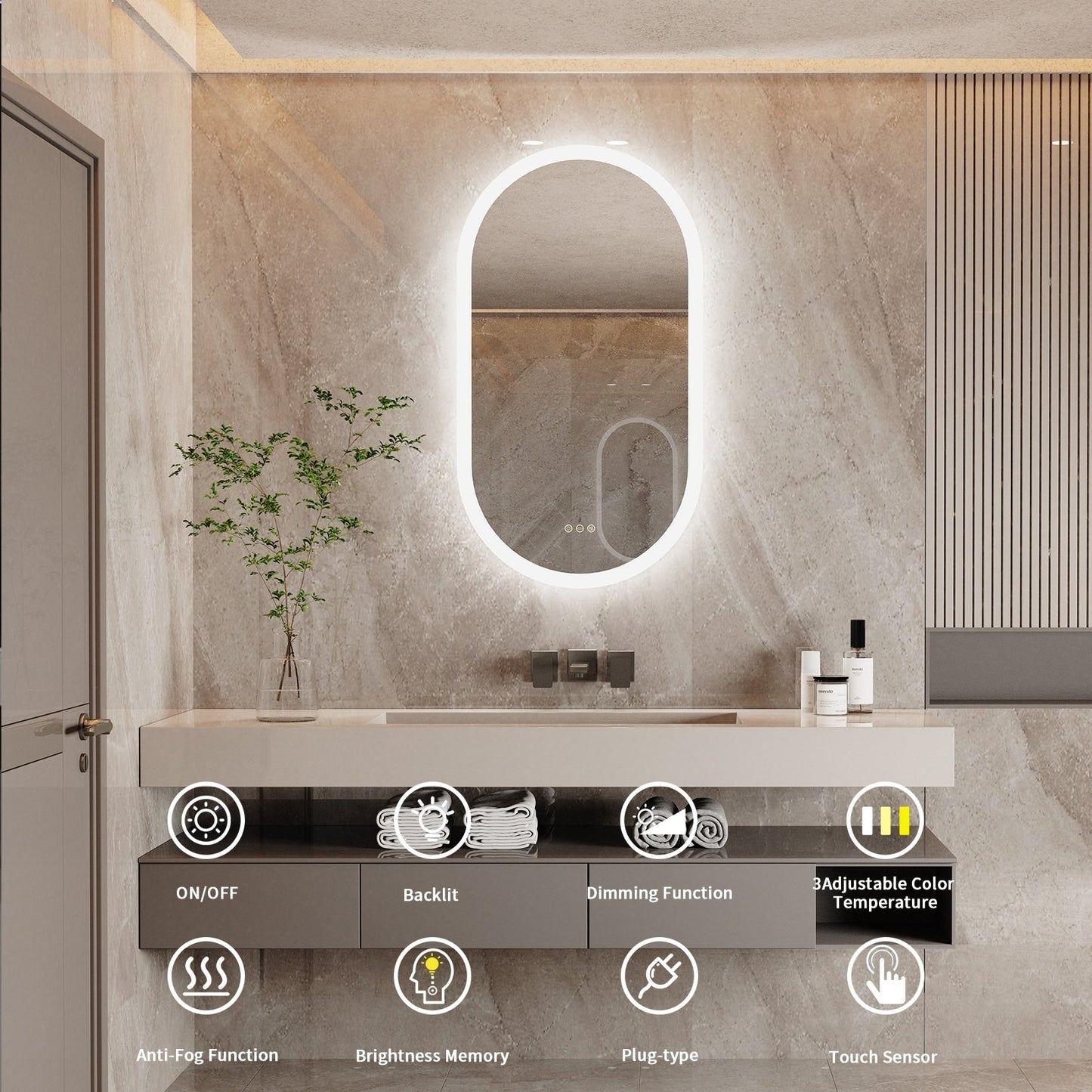 Grand miroir de salle de bain ovale sans cadre avec éclairage LED, 3 niveaux de luminosité et traitement antibuée