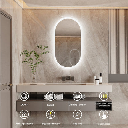 Grand miroir de salle de bain ovale sans cadre avec éclairage LED, 3 niveaux de luminosité et traitement antibuée