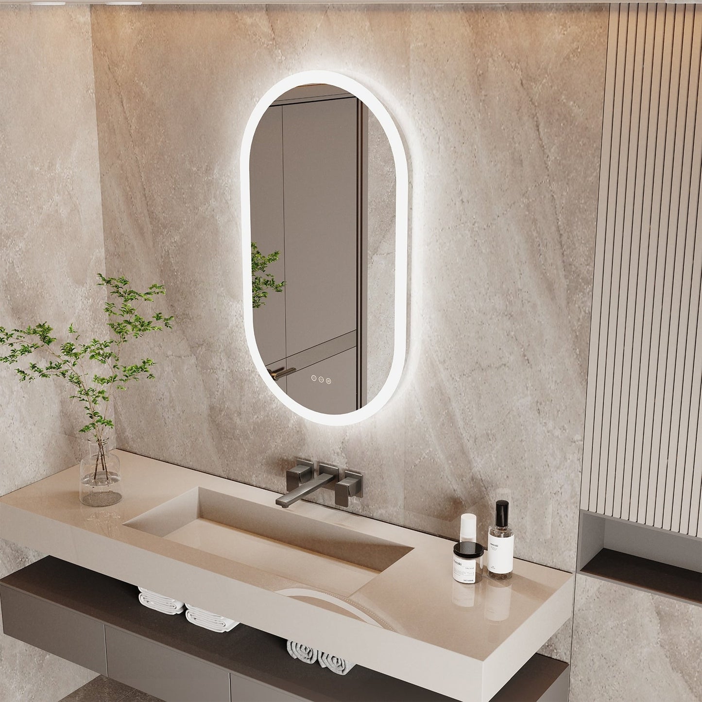 Grand miroir de salle de bain ovale sans cadre avec éclairage LED, 3 niveaux de luminosité et traitement antibuée