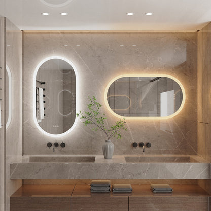 Grand miroir de salle de bain ovale sans cadre avec éclairage LED, 3 niveaux de luminosité et traitement antibuée