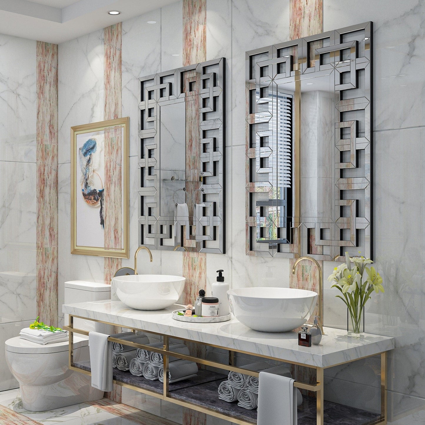 Grand miroir décoratif mural avec cadre géométrique argenté