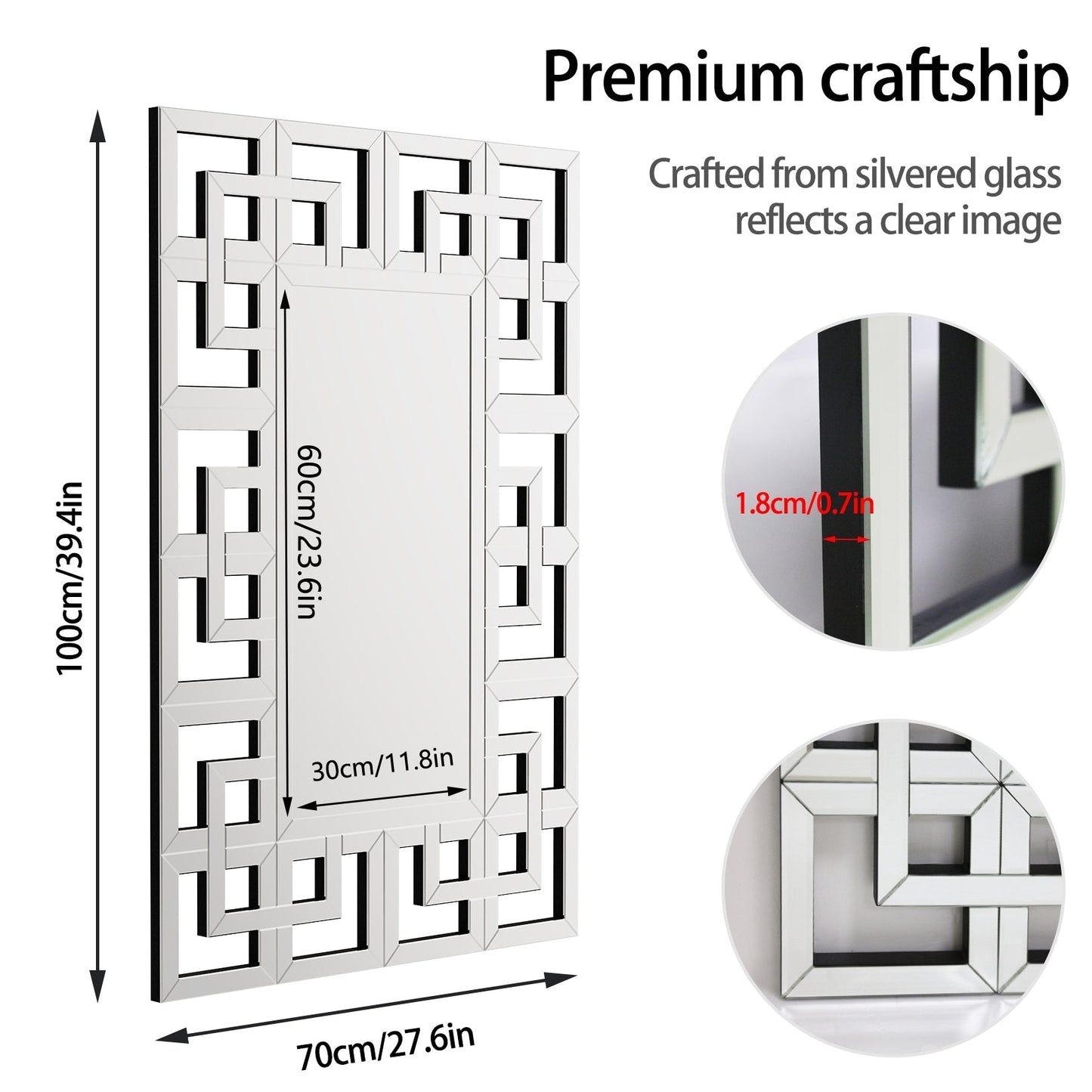 Grand miroir décoratif mural avec cadre géométrique argenté