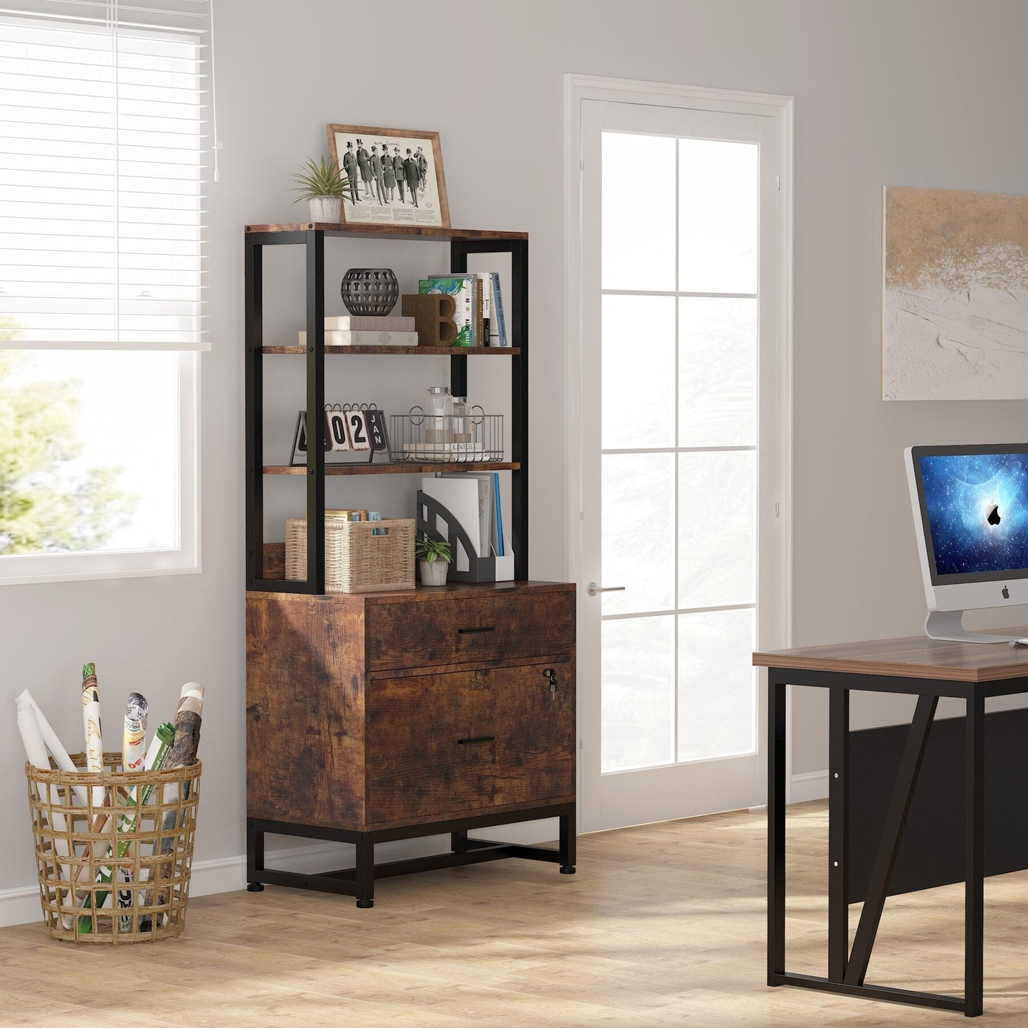 Classeur à 2 tiroirs, meuble de classement moderne avec support d'imprimante et serrure