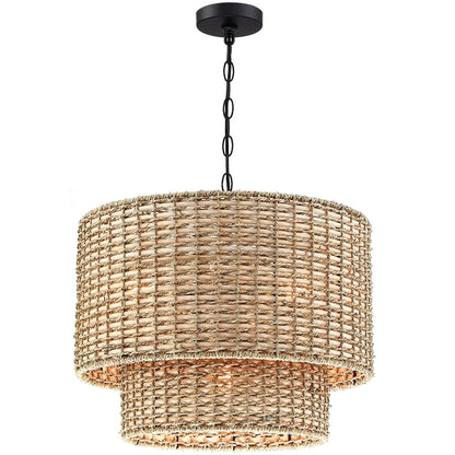 Lustre Lennie à 4 lumières en rotin, structure cylindrique étagée, avec rosace noire - 51 cm de largeur - 51 cm de largeur