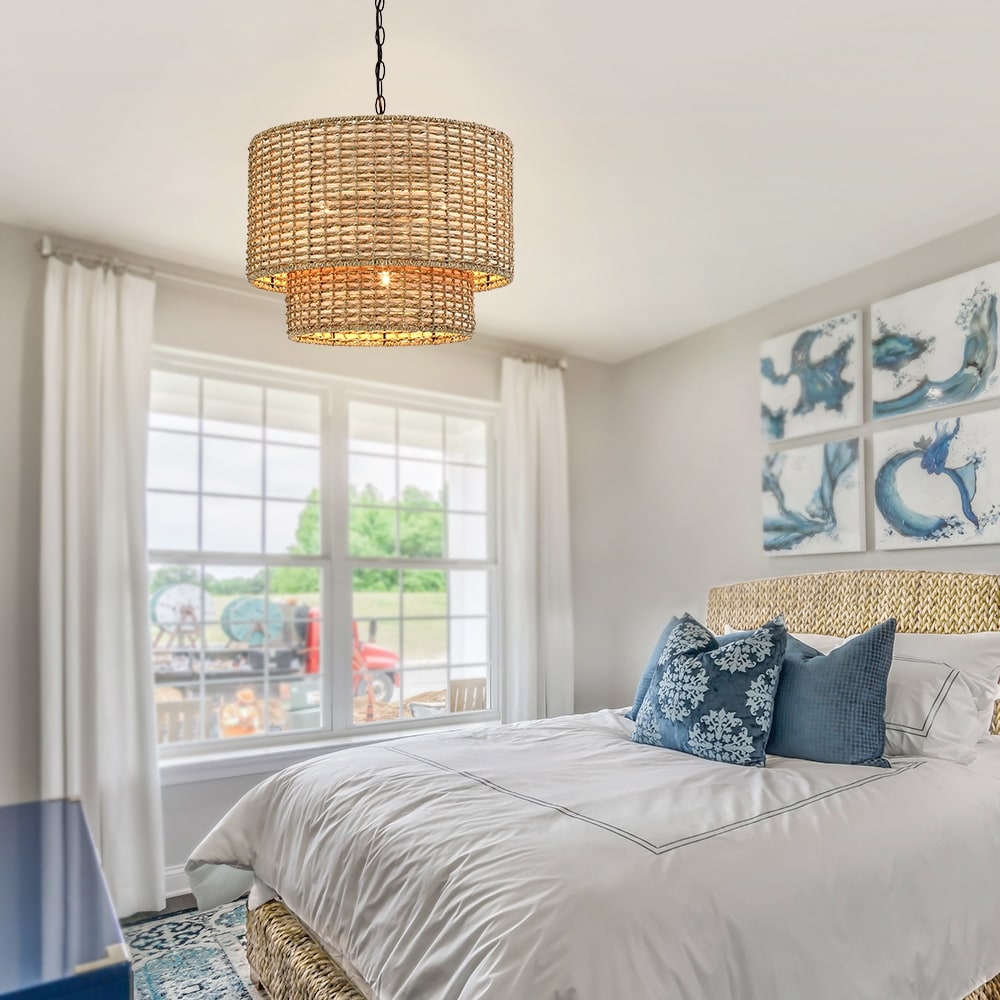 Lustre Lennie à 4 lumières en rotin, structure cylindrique étagée, avec rosace noire - 51 cm de largeur - 51 cm de largeur