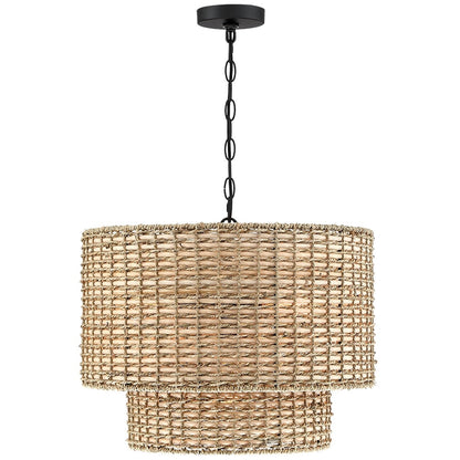 Lustre Lennie à 4 lumières en rotin, structure cylindrique étagée, avec rosace noire - 51 cm de largeur - 51 cm de largeur