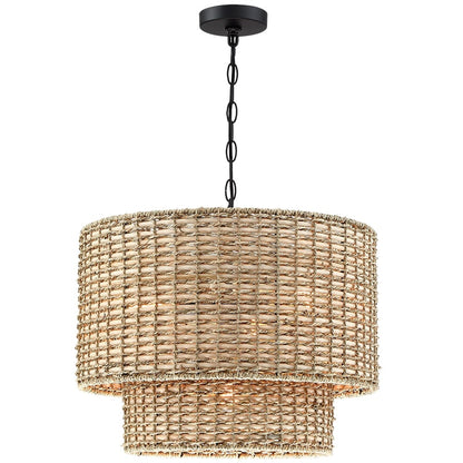 Lustre Lennie à 4 lumières en rotin, structure cylindrique étagée, avec rosace noire - 51 cm de largeur - 51 cm de largeur