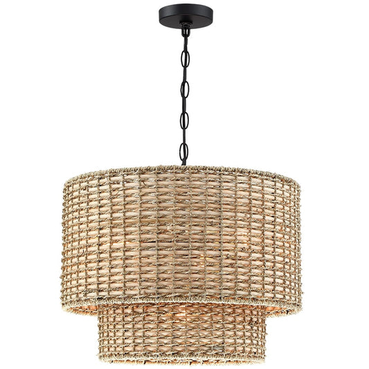Lustre Lennie à 4 lumières en rotin, structure cylindrique étagée, avec rosace noire - 51 cm de largeur - 51 cm de largeur