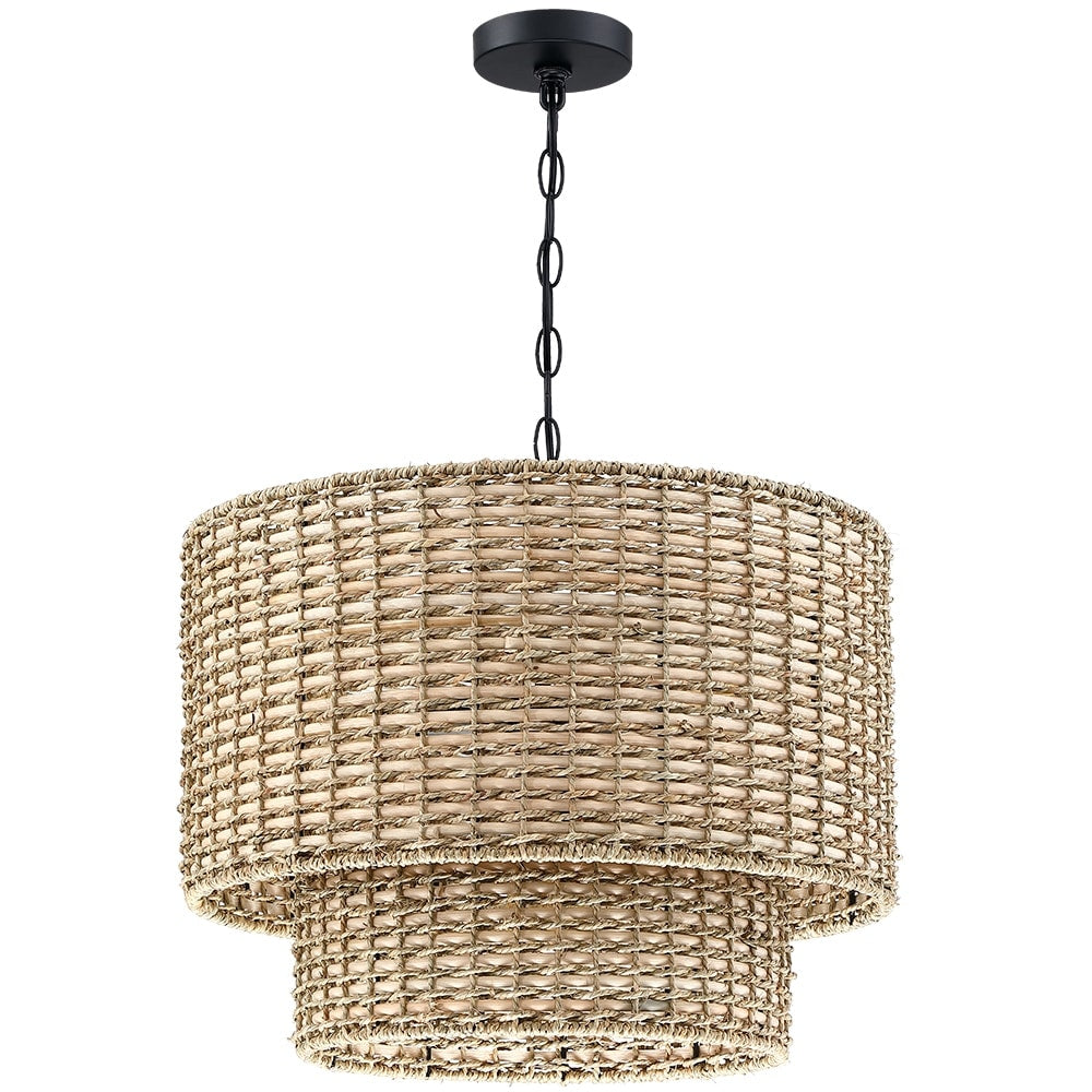Lustre Lennie à 4 lumières en rotin, structure cylindrique étagée, avec rosace noire - 51 cm de largeur - 51 cm de largeur