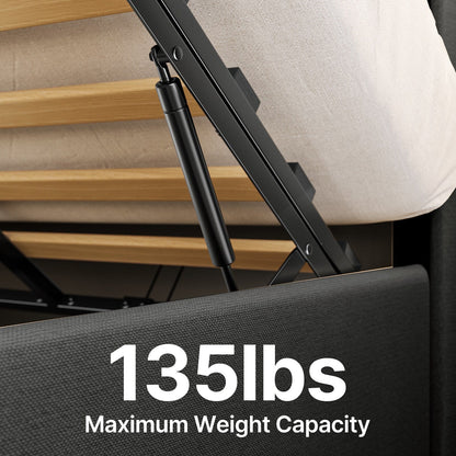 Cadre de lit coffre relevable, cadre de lit plateforme rembourré avec système de rangement hydraulique et tête de lit