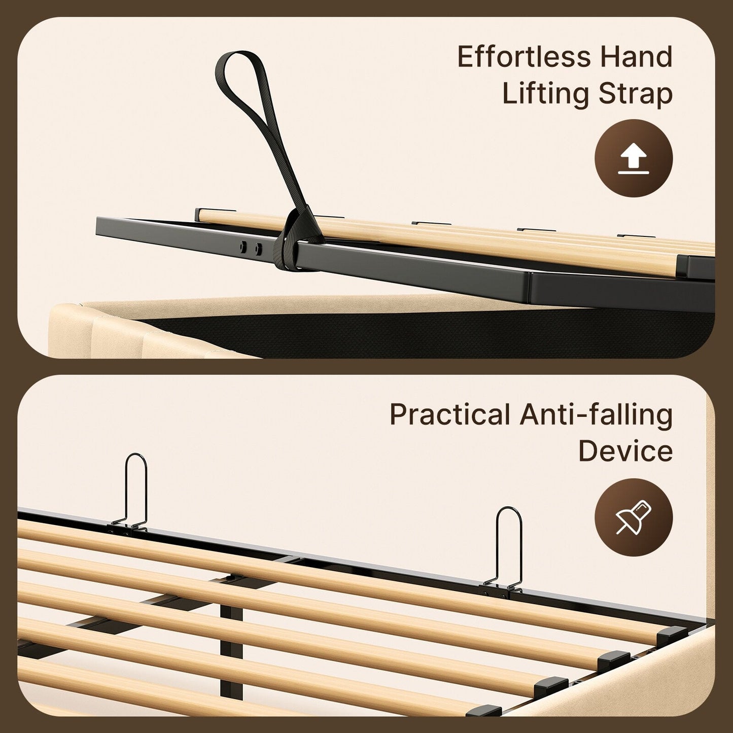 Cadre de lit coffre relevable, cadre de lit plateforme rembourré avec système de rangement hydraulique et tête de lit