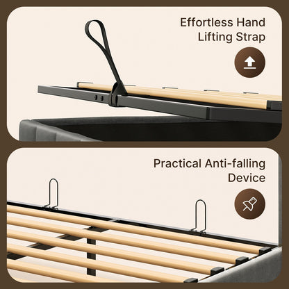 Cadre de lit coffre relevable, cadre de lit plateforme rembourré avec système de rangement hydraulique et tête de lit