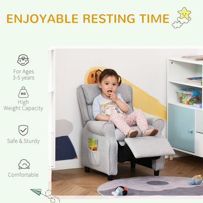 Fauteuil inclinable manuel rembourré gris clair pour enfants de 3 à 5 ans avec repose-pieds et 2 poches latérales
