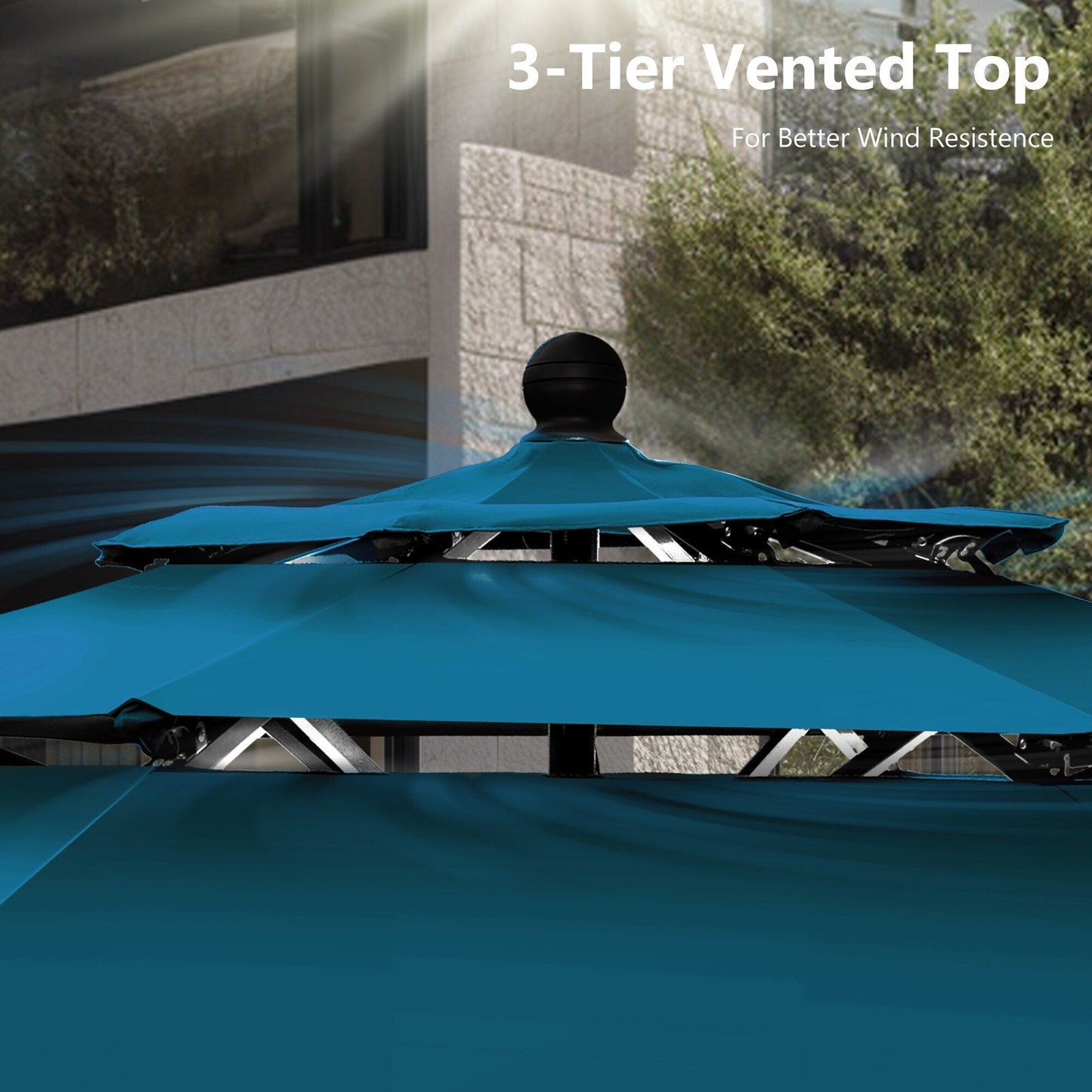 Parasol d'extérieur MAISON ARTS de 3 m (10 pi) à 3 niveaux, ventilé, avec inclinaison automatique et manivelle.